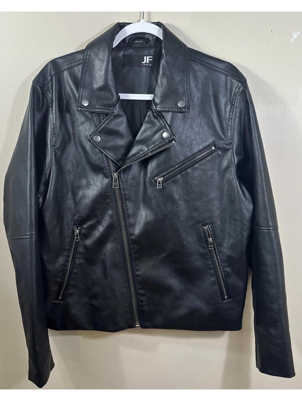 J Ferrari Black Imitation Leather Bomber Style Biker Jacket Large Zip Pockets